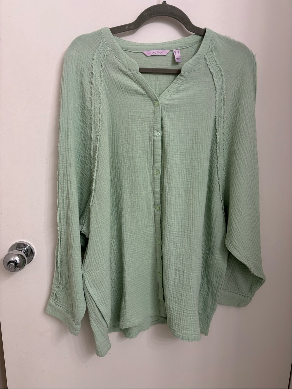 Anybody gauze button shirt with raw edge detailing QVC item 498724